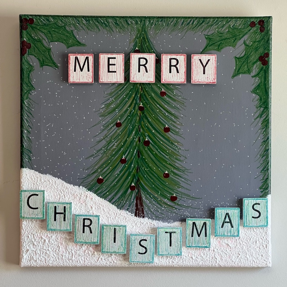 “SOLD” MERRY CHRISTMAS” MIXED MEDIA ON CANVAS